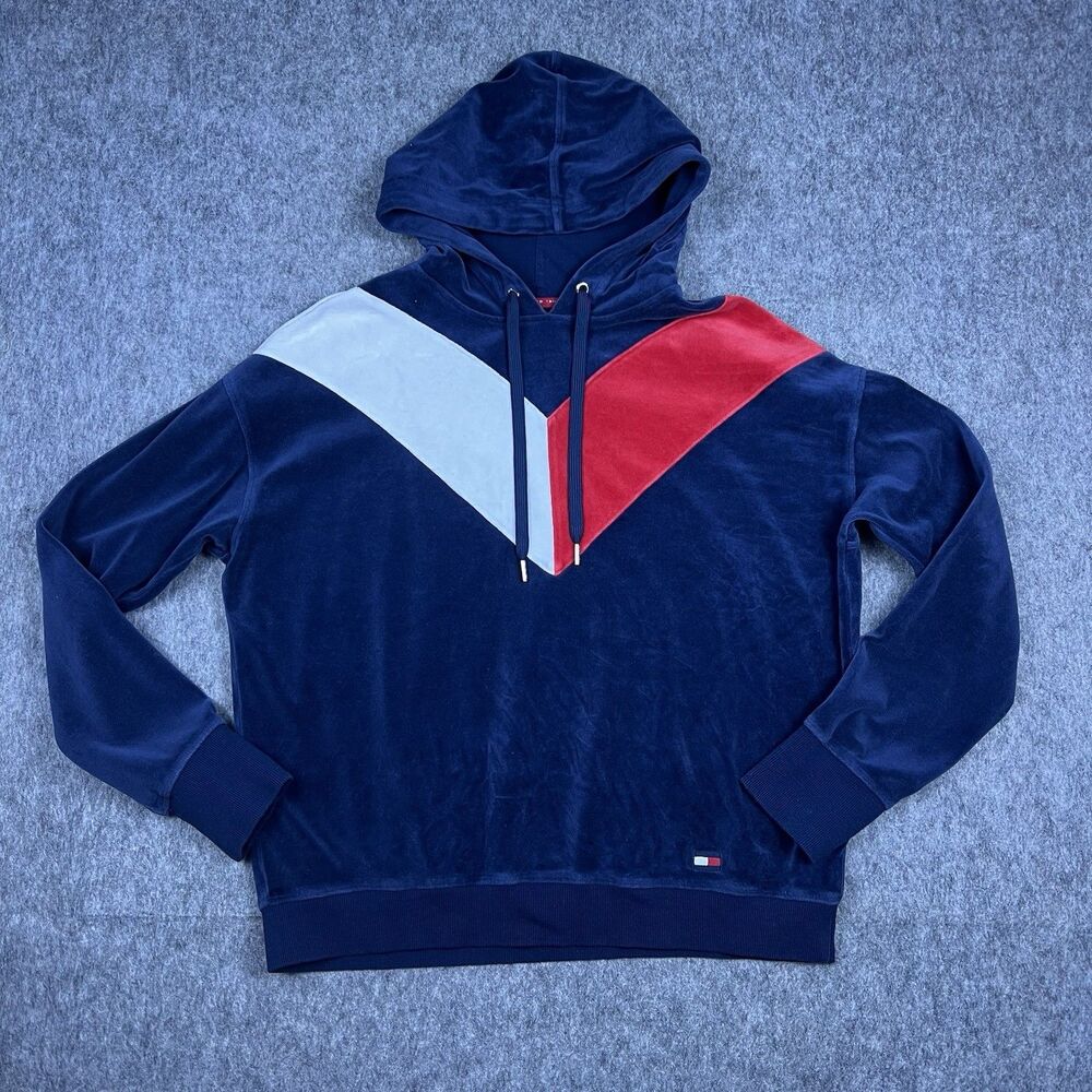 Tommy Hilfiger Sport Women's Track Hoodie Velour Navy Blue Red White Size L